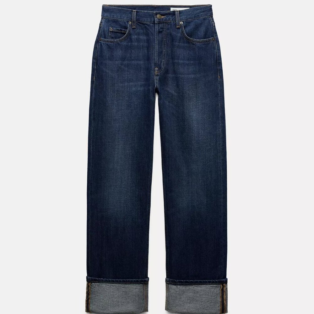 Zara Women's Dark Wash Jeans Relaxed Fold Up Mid Waist Size 25
